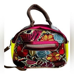Mexican Floral Embroidered Suede Leather Handbag Colorful Medium Handmade